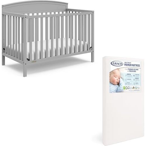 Graco Benton 5 in 1 Convertible Crib with Graco Crib Mattress, Pebble Gray