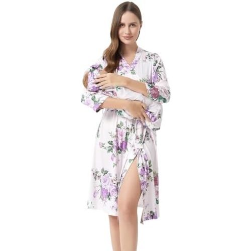 Galabloomer Flower Maternity Robe and Baby Receiving Blanket, Matching Mommy Labor Delivery Robe and Swaddle Set