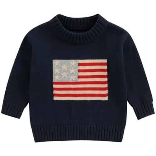 Toddler Baby Boy Girl 4th of July Outfit Long Sleeve Crewneck American Flag Sweater Memorial Day Patriotic Pullover Knit Tops