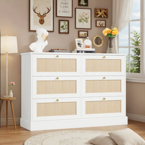 Beachcrest Home™ Beaudin 44.5"W 6 Drawer Rattan Dresser, White Chest of Drawers for Bedroom & Reviews | Wayfair