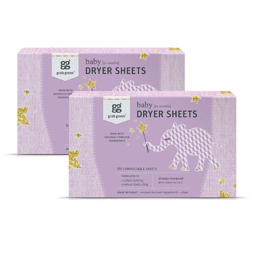 Grab Green Baby Laundry Dryer Sheets, 160 Sheets, Dreamy Rosewood Scent, Plant Based, Softens Clothing and Linens, Reduces Static Cling