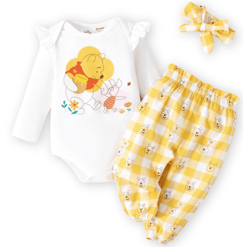 Disney Baby Clothes 3pcs Winnie the Pooh Graphic Romper Bodysuit Pants Outfit Set with Headband Shower Gifts Newborn Infant