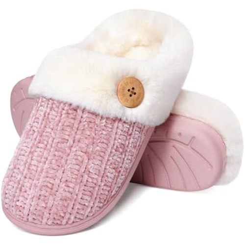 Evshine Warm Knit House Slippers for Women Comfy Wool-Like Lined Chenille Slippers with Memory Foam and Indoor Outdoor Soles