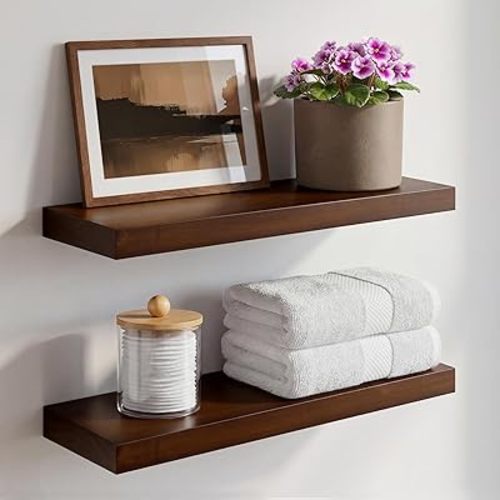 Homeforia Walnut 18 inch Floating Shelf, High End Solid Real Wood 18inch Floating Shelves for Wall Mounted, Dark Brown 18 inches Long Floating Shelves, Heavy Duty Bracket, 18 X 6.5 X 1.75 in, Set of 2