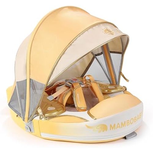 Newest Mambobaby Baby Swim Float with Canopy Non-Inflatable Infant Pool Swim Float Add Tail Solid Water Floats Smart Swim Trainer for Infant Toddler 3-24 Months