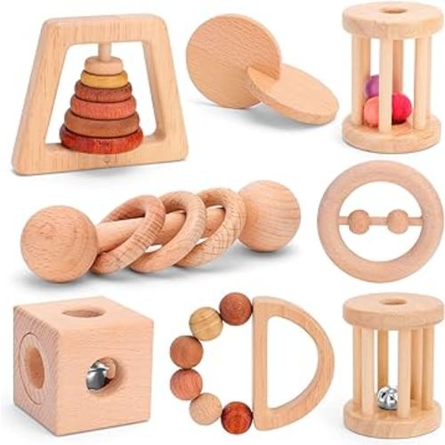 8 Pieces Montessori Baby Wooden Toys for 0-6-12 Months Babies, Wood Rattles and Teethers Toy Set with Bells for Newborn Infant Boys and Girls Gifts