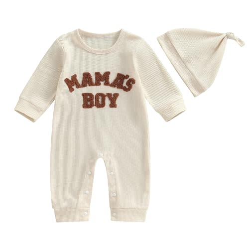 NZNDSHD Baby Boy Romper Fall Clothes Long Sleeve Waffle Knit Jumpsuit Mamas Boy Little Dude Embroidered Bodysuit with Hat