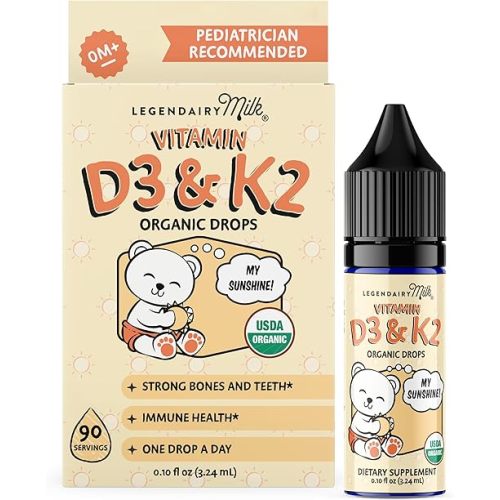 Legendairy Milk Vitamin D Drops for Infants, Organic Baby Vitamin D3 K2 Liquid 400 IU, Vegan for Newborns Toddlers & Kids, Childrens Supplement for Strong Bones & Teeth, Sugar Free, 90 Servings