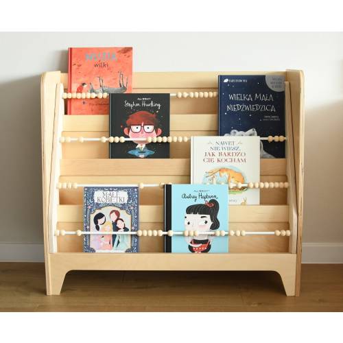 Montessori bookcase, wooden bookshelf with back storage, natural library for kids