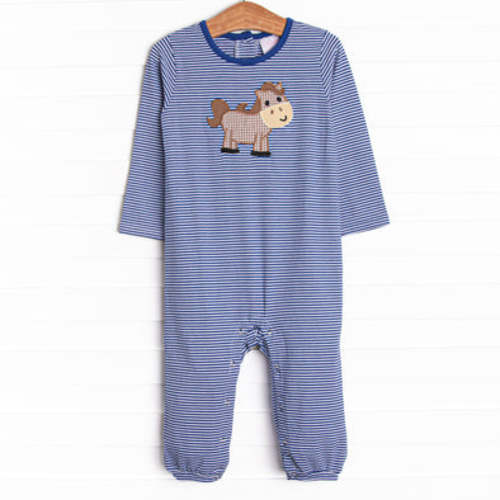 Horsin' Around Applique Romper, Blue Stripe – Stitchy Fish