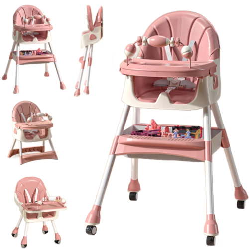 JOJOLAM Baby High Chair, 4-in-1 Foldable Highchair, Infant to Toddler, Pink