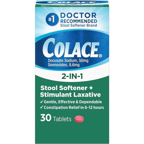 Colace 2-In-1 Stool Softener & Stimulant Laxative Tablets, Gentle Constipation Relief in 6-12 Hours, 30 Count