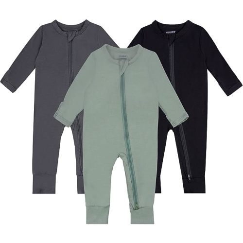 GUISBY Baby Pajamas with Mitten Cuffs - 3Pcs Girls Boys 2 Way Zipper Long Sleeve Rayon Sleepers - Sliver Grey-black-green - Newborn