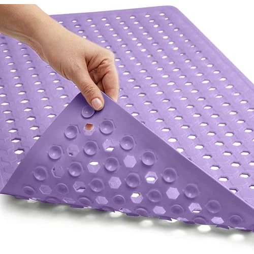 Gorilla Grip Patented Bath Tub Shower Mat, 35x16 Washable Bathtub Floor Mats, Suction Cups and Drain Holes to Keep Tubs Clean, Purple Opaque