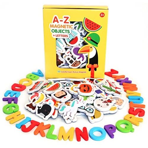 Curious Columbus Magnetic Objects and Letters. Set of 78 Foam Magnets Including 52 Pictures and 26 Uppercase Alphabet Magnets from A-Z. Best Educational Toy for Preschool Learning