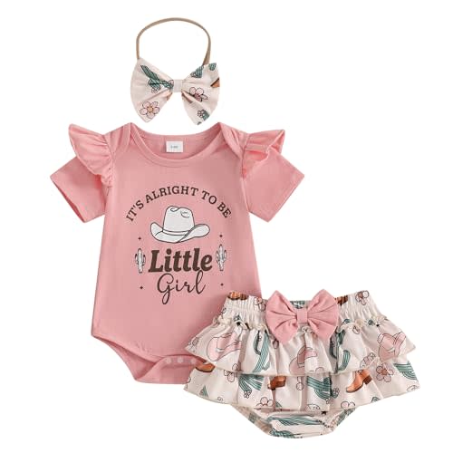 Kayotuas Western Baby Girl Clothes Summer Cowgirl Outfits My First Rodeo Romper Cow Print Bloomer Shorts Headband 3 Piece Set