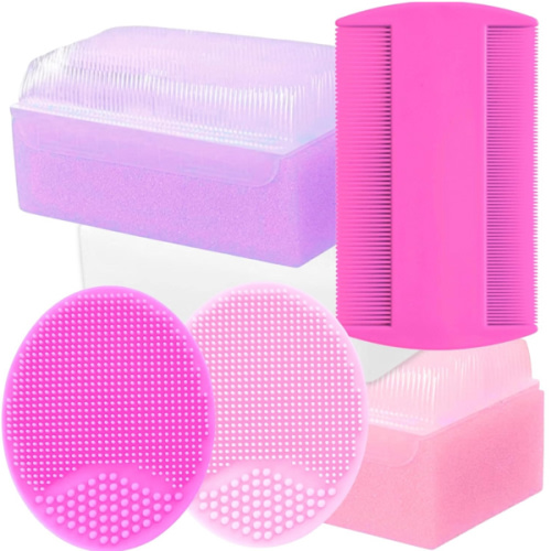 Cradle Cap Brush and Comb Set - Baby Sponge for Bathing Newborn Bath Essentials | Scalp Scrubber Treatment Set of 6 (Pink)