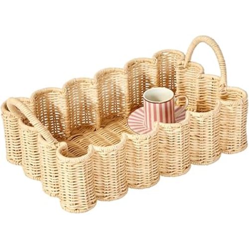 Premium Wavy Scalloped Rattan Tray - Small Hand-Woven Scallop Wicker Tray - 19 x 9 x 6.5 in - Scalloped Basket - Scallop Basket