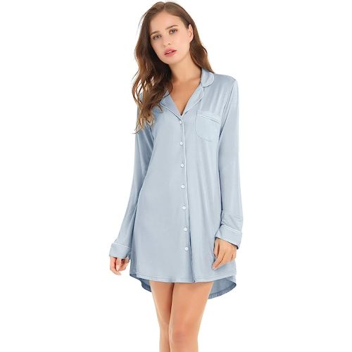 Amorbella Womens Bamboo Cooling Sleep Shirt Long Sleeve Button Up Nightgowns Summer Sexy Pajama T Shirt S-XXL - Dusty Blue