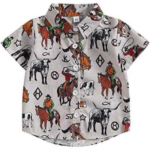 Western Baby Boy Clothes Button Down Short Sleeve Shirts Country Cowboy Dress Shirt Tops Summer Vintage Clothes
