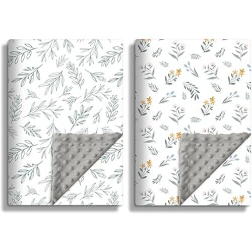 Sage Green Baby Blankets with Double Layer and Dotted Backing for Girls or Boys Breathable Soft Neutral Unisex Nursery Blankets with Leaf Printed for Newborn Toddlers 2 Pack (Green)