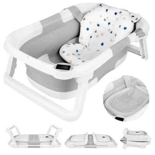 Collapsible Baby Bathtub,BUSATIA Baby Bath Tub with Soft Thermometer & Soft Floating Cushion & Bath Net,Baby Bathtub Newborn to Toddler 0-36 Months,Portable Travel Baby Tub,Gray