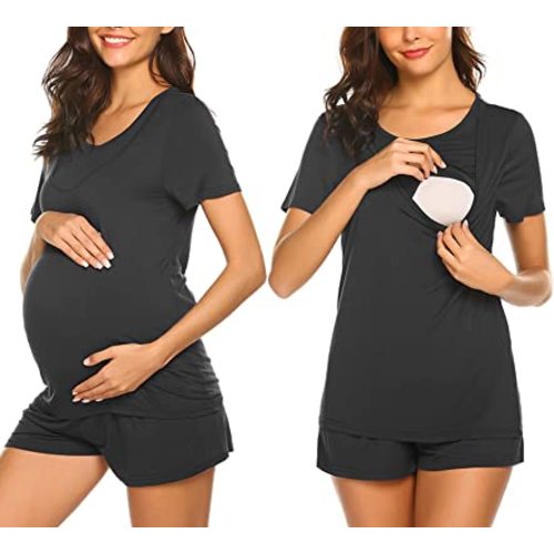 Ekouaer Maternity Pajamas Set Labor/Delivery/Nursing for Hospital Home, Basic Nursing Shirt, Adjustable Size Pregnancy Shorts
