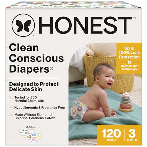The Honest Company Clean Conscious Diapers for Sensitive Skin | Hypoallergenic, Fragrance Free | Gender Neutral Prints | Super Club Box, Size 3 (16-28 lbs), 120 Count