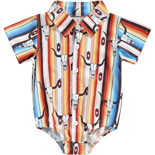 Karuedoo Western Baby Boy Clothes Cow Print Shirt Romper Infant Short Sleeve Button Down Bodysuit One Piece Gentleman Outfit