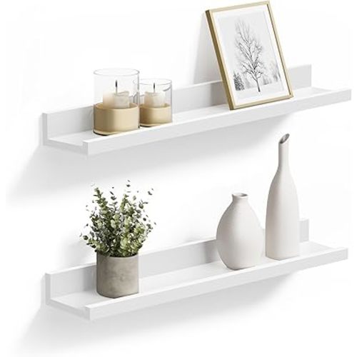 SONGMICS Floating Shelves Set of 2, Wall Shelves Ledge 23.6 x 3.9 Inches with Front Edge, for Picture Frames, Books, Spice Jars, Living Room, Bathroom, Kitchen, Easy Assembly, White ULWS60WT