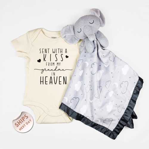 personalized Sent With A Kiss From My Grandma In Heaven Baby Bodysuit and blanket, Baby Announcement, Baby Shower Gift, 2000631