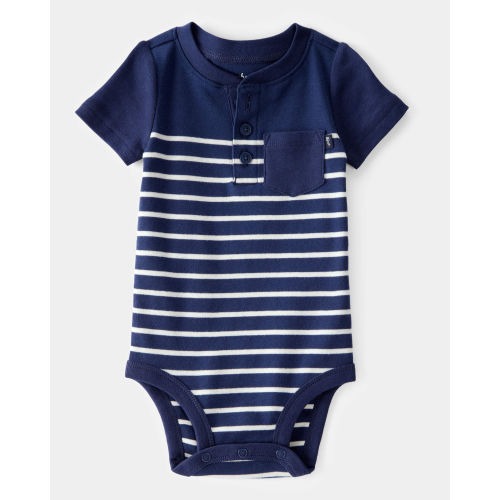 Baby Ribbed Striped Button Down Short-Sleeve Bodysuit - Navy - OshKosh | Carter's | Size: 3M