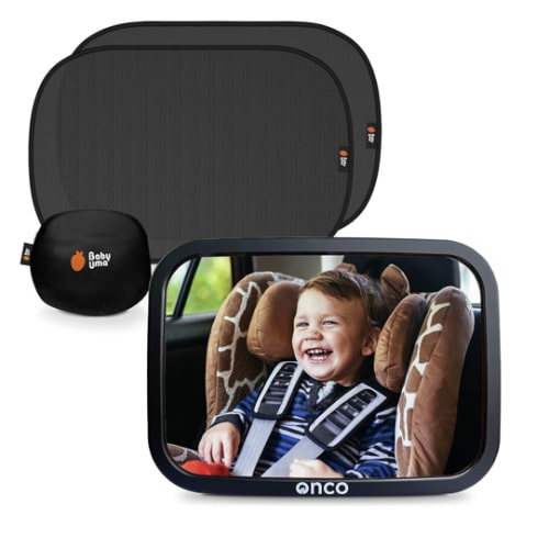Onco Baby Car Mirror & Car Window Shades Bundle (18.9″ × 12″) - UPF 50+ Window Shade, 100% Shatter-Proof Car Mirror for Baby, Universal Shades & Mirror