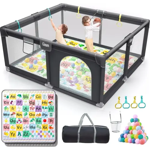 Gimars Upgraded 320D Washable Baby Playpen with Cute Learning Cuhioned Mat, 6 in1 Large Playpen for Toddlers, Sturdy & Safe Playpen with Padded Cotton Top Rod for Protecting Babies, Infant, 50x50 inch