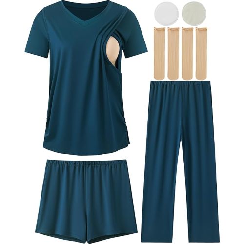 DANSHOW 5 Piece V Neck Maternity Nursing Pajamas Set Postpartum Pjs Breastfeeding Sleepwear, Nursing Breast Pads & Socks