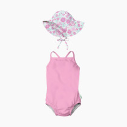 GREEN SPROUTS UPF 50+ Swimsuit with Built-in Diaper & Brim Hat Set - Light Pink/White Bold Floral, 0-6 Months