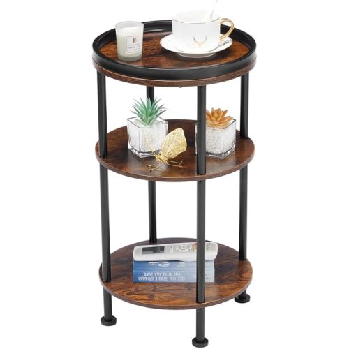Small Round Side Table for Small Spaces, 3-Tier Round Accent Table Slim Side Table, Modern Sofa Corner Table for Living Room Nightstand Bedroom (Rustic Brown)