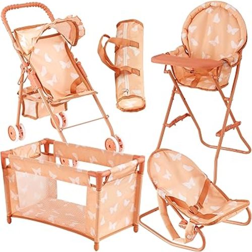 4-in-1 Baby Doll Stroller Set with Butterfly Design – Includes Toy Stroller, Crib, Bouncer & High Chair – Doll Accessories & Baby Doll Furniture Set for Toddlers 3-4 Years – Fits Dolls up to 18 Inches