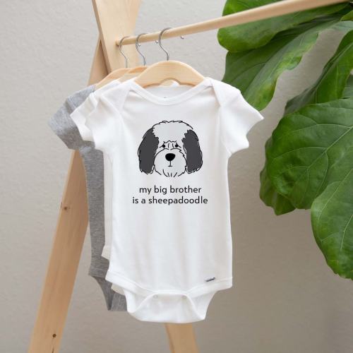 Sheepadoodle Baby Onesie®, new born baby clothes, baby shower gift, cute dog baby bodysuit, gift for new baby, dog brother, dog sister