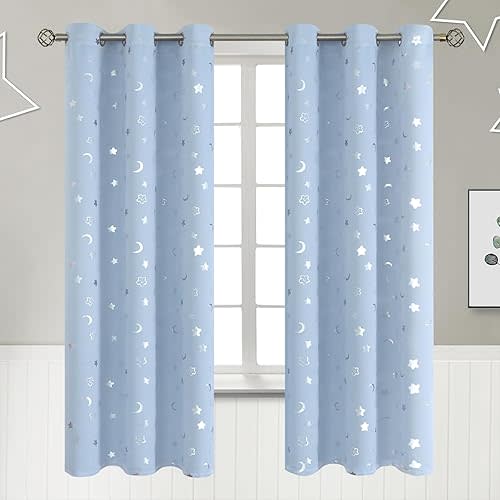 BGment Kids Curtains for Bedroom 72 Inch Length, Nursery Star and Moon Blackout Curtains for Boys, Decoration Thermal Insulated Room Darkening Window Curtains for Girls Babys, Spa Blue, 42 Wide