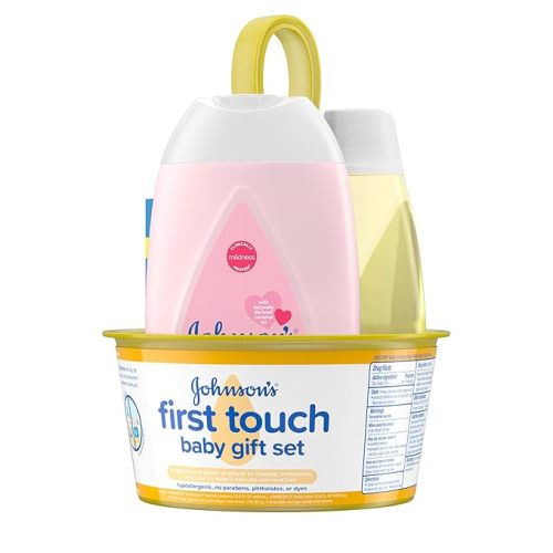Johnson's First Touch Baby Gift Set, Baby Bath, Skin & Hair Essential Products, Kit for New Parents with Wash & Shampoo, Lotion, & Diaper Rash Cream, Hypoallergenic & Paraben-Free, 4 items