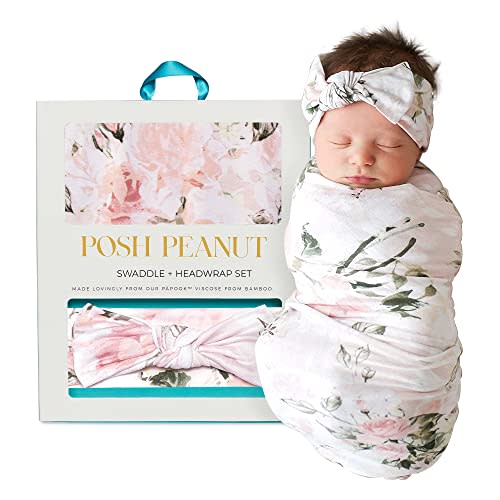 Posh Peanut Swaddle Blanket & Headband Set – Viscose from Bamboo Stretchy Baby Swaddle for Newborn Girls, Receiving Blanket or Nursing Cover