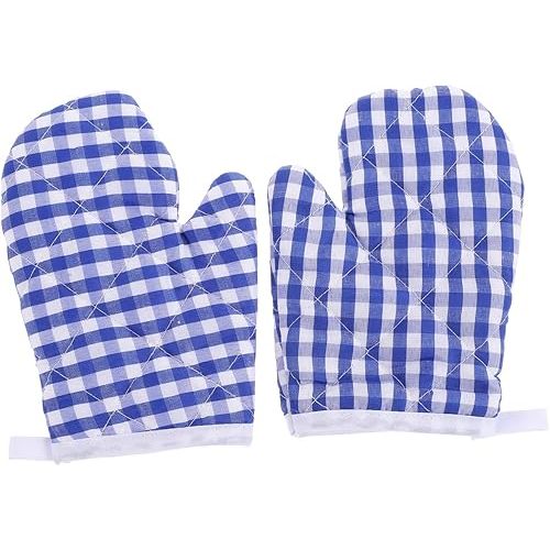 Oven Mitts for Kids, Kitchen Mitts for Oven, Blue Grid Kitchen Gloves Heat Resistant for Cooking Baking Microwave, 6.6inchx4.7inch