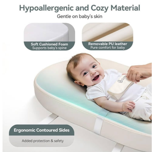 COMOMY Baby Changing Pad with Wipeable & Waterproof PU Cover, Contoured Diaper Changing Pad for Dresser with Non-Slip Safety Belt, Portable and Lightweight, Large Cushioned Foam, Beige