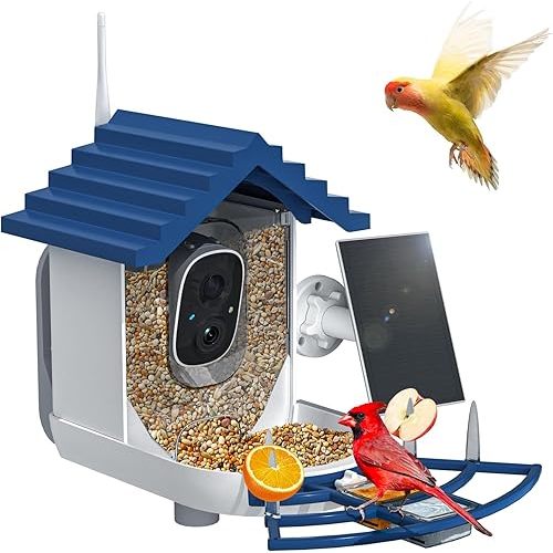 Smart Bird Feeder with Camera Solar Powered & AI Bi rd Identification, 2.4Ghz WiFi Bird feeders for Outdoors, 2K Live Video, Nstant Arrival Alerts - Best Gifts for Bi rd Lovers(Indigo Blue)