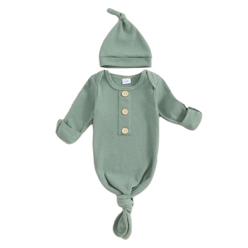 BULINGNA Newborn Baby Boys Girls Knotted Gown with Hat Set, Unisex Infant Nightgown with Mittens Sleepwear One Piece Pajamas