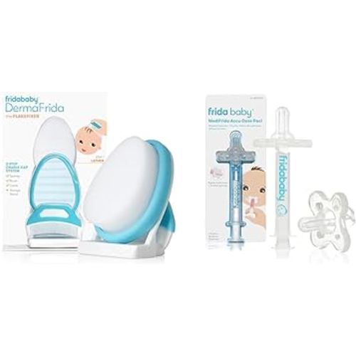 Frida Baby The 3-Step Cradle Cap System, DermaFrida The FlakeFixer, Sponge, Brush, Comb and Storage Stand + Frida Baby Medicine Pacifier, Medicine Syringe & Accu-Dose Pacifier