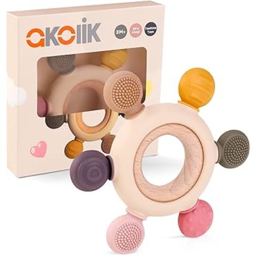 akolik Teething Toys for Babies, Baby Teethers Toy Teething Ring Silicone, Grasping Teething Toy, BPA Free Teething Newborn Accessories for Baby 0 3 6 9 12 18 Months (Pink)