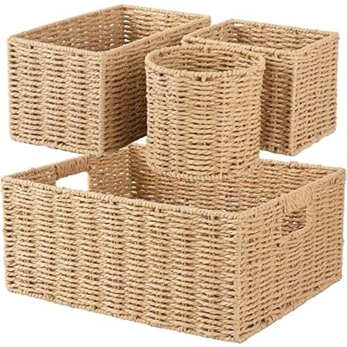 OIAHOMY Wicker Baskets for Organizing, Large and Small Shelf Baskets Set, Handwoven Bins for Storage,Paper Rope Home Organizers, Set of 4-Yellow