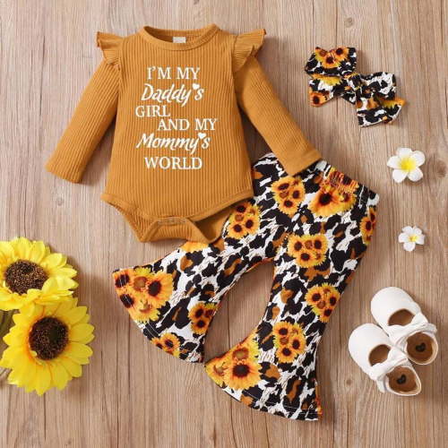 PatPat Baby Girls Romper Flare Pants Outfit Set,3pcs Letter Embroidered Long Sleeve Jumpsuit and Sunflower Floral Bell Bell-Bottom Pants Leggings Headband Infant Fall Clothes,0-18Month